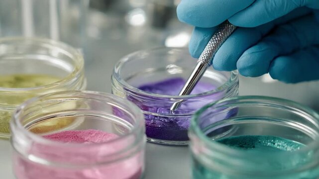 Medium shot showing close detail of mixing pastel hues in a lab setting highlighting precision in custom anodizing color creation for unique finishes