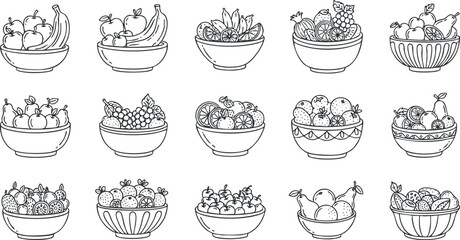 Outline vector illustration of various fruit and vegetable bowls, perfect for healthy eating and nutrition concepts.