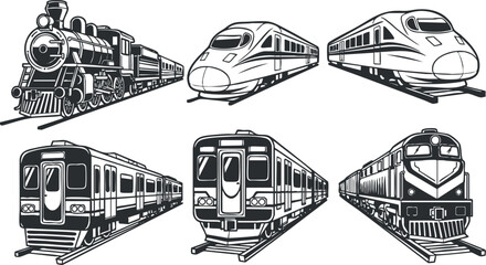 Collection of black and white vector illustrations featuring various types of trains, including vintage and modern designs for transportation concepts.