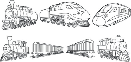 Outline vector illustration of various train types including steam locomotives and modern high-speed trains for educational and design use