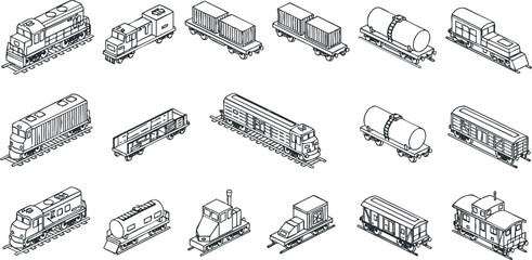 Isometric vector illustration set of various train cars and locomotives for transportation and logistics projects