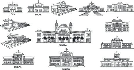 Outline vector illustration of various city buildings, featuring local and central architecture for urban design projects