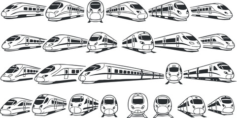 Stylized vector icon set featuring various modern train designs in a clean black and white outline style for transport-themed projects