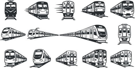 Collection of minimalist black and white vector illustrations of various train designs for transportation themes and graphic projects
