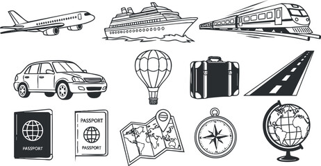 Vector illustration set of travel and transportation icons, featuring airplanes, trains, cars, and travel essentials for adventure planning