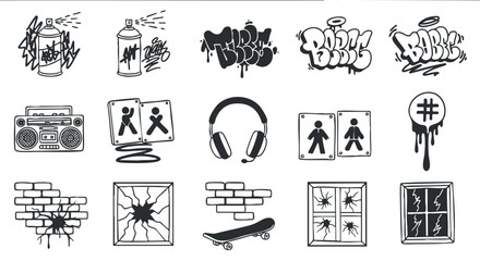 Stylized vector illustration set featuring graffiti elements, music icons, and urban themes for creative projects