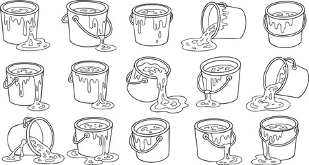 Outline vector illustration set of paint buckets with dripping liquid, suitable for art projects and design use