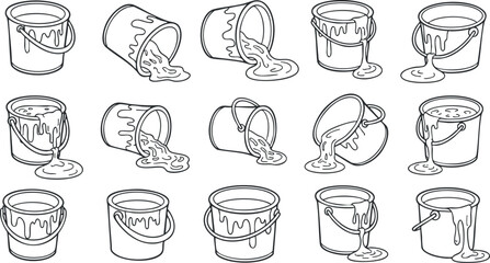 Playful outline vector illustration of paint buckets with dripping liquid, ideal for creative projects and art-related designs