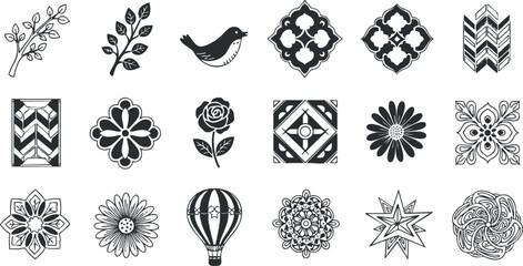 Collection of black and white vector icons featuring floral patterns, geometric shapes, and decorative elements for design projects