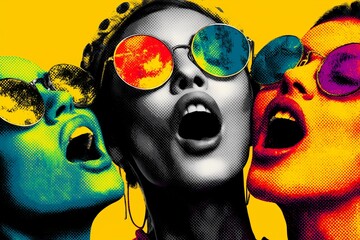 Pop art vibrant illustration. Three figures scream joyfully against a bright yellow background, wearing wildly colored sunglasses. The high-contrast, pop-art style radiates energy, fun.