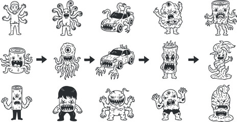 Playful vector illustration showing a series of whimsical monster characters in a fun comic style for creative projects