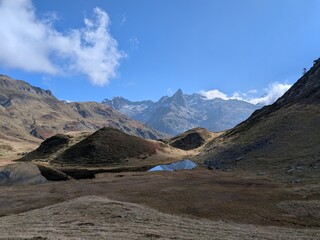 Mountain landscape with lake and ponds