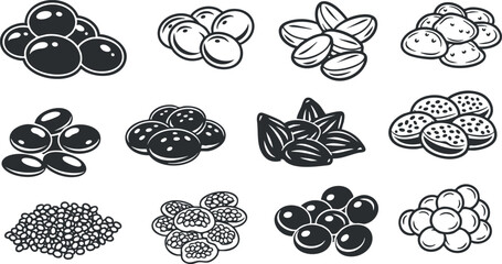 Minimalist black and white vector icon pack featuring various types of seeds and nuts for culinary and dietary designs