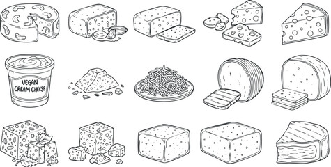 Hand-drawn vector illustration of various cheese types including vegan options, perfect for food-related projects and culinary designs