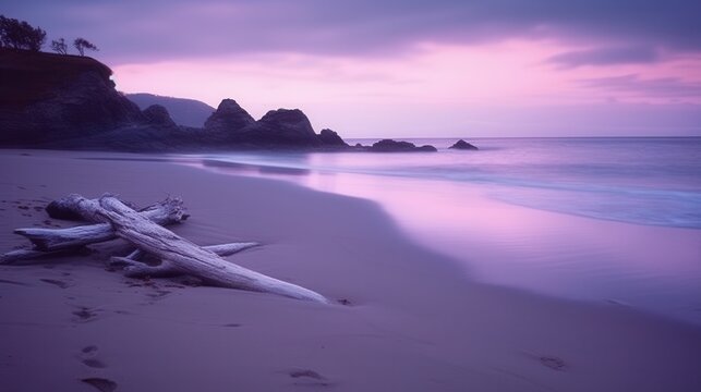 Serene beach at dusk featuring driftwood and pastel skies.