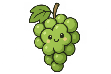 Happy green cartoon grapes smiling, a cute kawaii fruit character with sweet facial expression, transparent background