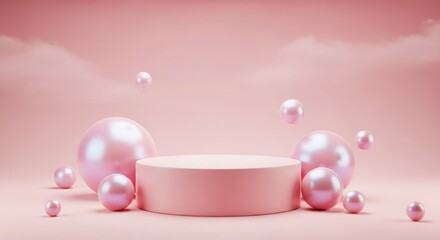 Elegant pink podium with pearls and soft clouds, studio background