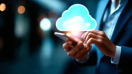 Faceless businessman touching smartphone with virtual cloud computing icon overlay digital data network connection cloud storage technology big data management cybersecurity - Powered by Adobe