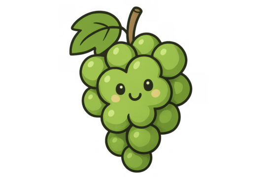 Happy green cartoon grapes smiling, a cute kawaii fruit character with sweet facial expression, transparent background