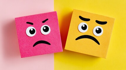 Two faces with one being angry and the other being sad. The angry face is on the left and the sad face is on the right