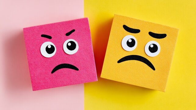 Two faces with one being angry and the other being sad. The angry face is on the left and the sad face is on the right - Powered by Adobe