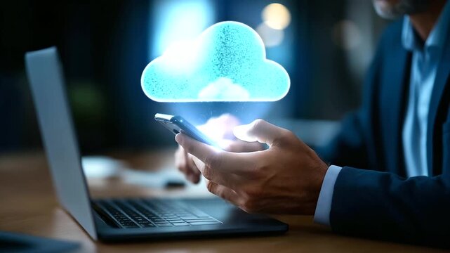 Faceless businessman using smartphone and laptop with cloud computing technology interface online data management system secure file transfer platform digital business