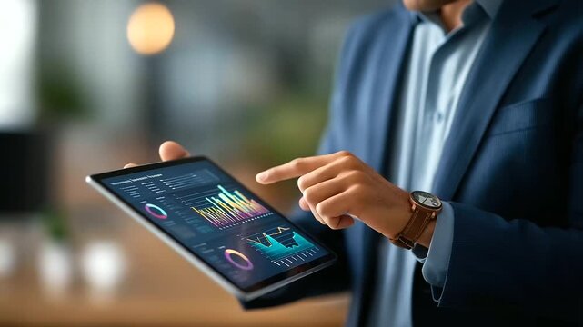 Faceless businessman using tablet device with digital marketing analytics dashboard display AI generated advertising data visualization performance charts and metrics data drive