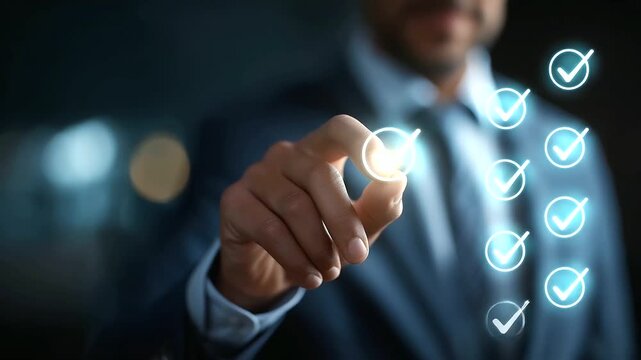 Faceless businessman validating digital documents using futuristic interface with checkmark icons overlay quality assurance system dashboard compliance review process document
