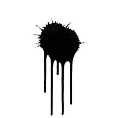 A large, textured black spray paint splatter with thick, downward drips and scattered ink dots, isolated on a transparent background with copy space, highlighting grunge textures, abstract art and