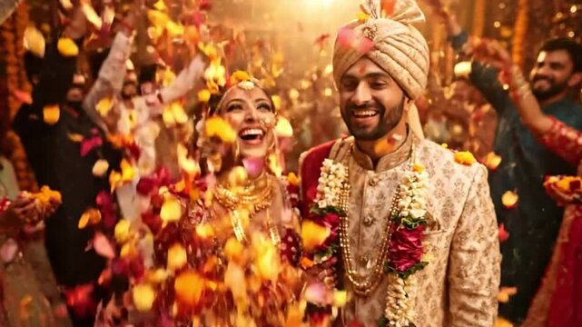 Couple showered with flower petals at their Indian wedding celebration.