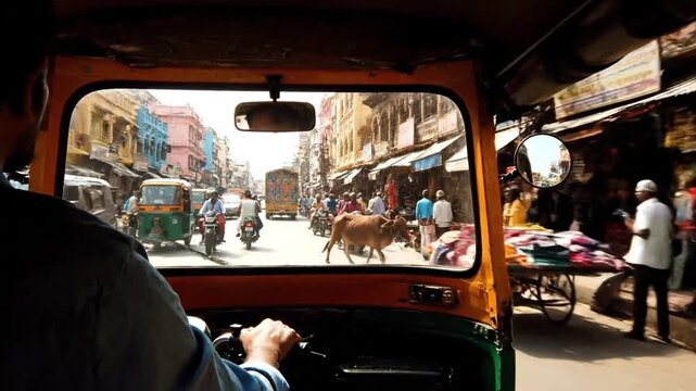 POV shot from a tuk-tuk driving through a chaotic Indian city.