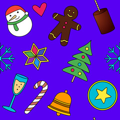 Seamless pattern, New Year, vector, Christmas, festive, snowman, candy cane, champagne, snowflake, stollen, strudel, cupcake, cake, biscuit, caramel, chocolate, wine, liqueur, star, Christmas tree