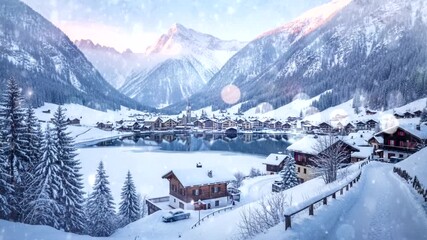 Snow-covered alpine village landscape featuring frozen lake surface and towering winter mountains under soft falling snow. Seasonal travel concept Seamless looping 4k animation backgro - Powered by Adobe