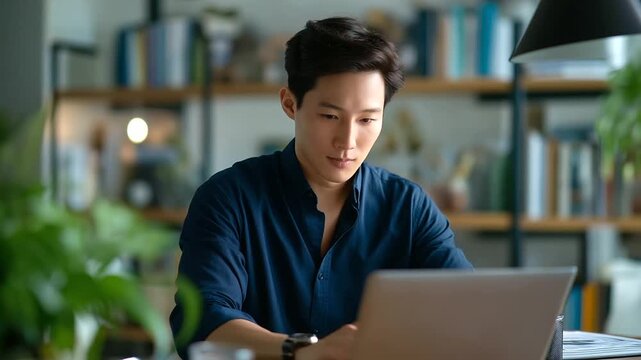 Faceless young Asian man working on laptop at home office workspace books plants decorating background remote work concept freelance business career digital lifestyle work fro