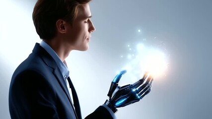 Faceless young businessman chatting with smart AI artificial intelligence chatbot interface machine learning technology digital assistant conversation automated response system - Powered by Adobe