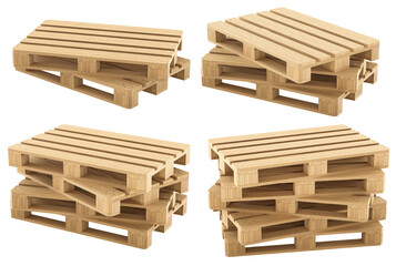 Wooden pallets arranged in several stacked groups viewed from different angles, 3D rendering