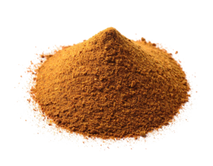 A close-up shot of a small pile of brown powder on a black background