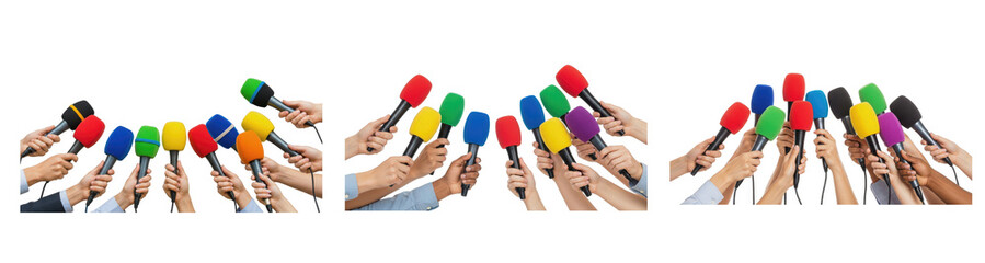 Oil Paint Effect PNG of Journalists Hands Holding Colorful Microphones for Press Conference and Interview