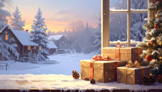 Cozy Window View of Snowy Evening with Christmas Gifts and Tree