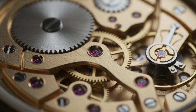 A detailed watch mechanism reveal gear and jewel that represent precision craft. The close view celebrate engineering art in luxury timepiece