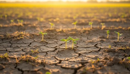 Obraz premium Small plants growing in cracked dry soil under golden sunlight, concept of climate change, drought, survival, resilience and hope in challenging environment