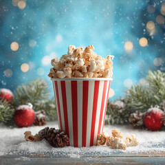 Popcorn in striped red cup with Christmas decorations and snowy background