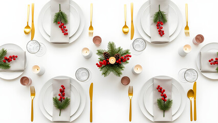 Top-down festive table setup suitable for restaurants, hotels and gourmet promotions.
