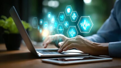 Medical technology telemedicine concept close up faceless person using laptop and tablet with digital healthcare icons overlay health data management medical innovation remote - Powered by Adobe