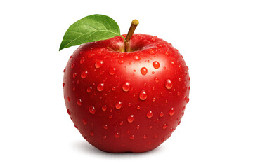 Red apple with fresh water drops and green leaf, healthy eating, fresh fruit, ripe food, transparent background
