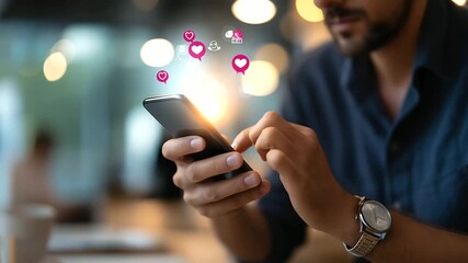 Social media digital online concept faceless man using smartphone with social media icons online marketing interface technology communication chat messaging post like follow - Powered by Adobe