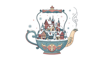 Winter village illustration in decorative teapot, vintage folk style, pastel colors, magical holiday atmosphere