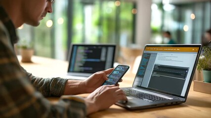 Software development programming concept coding process for various devices testing platform interface data analytics visualization software engineer workspace computer - Powered by Adobe