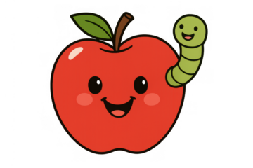 Cute cartoon apple character smiling with a cheerful green worm peeking out, friendly fruit enjoying healthy food
