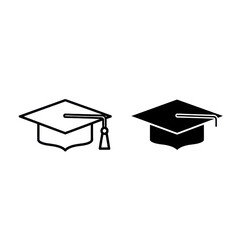 Two distinct black graduation cap icons, one outline and one solid silhouette, with tassels, isolated on a transparent background, showcasing minimalist vector art concept of academic success
